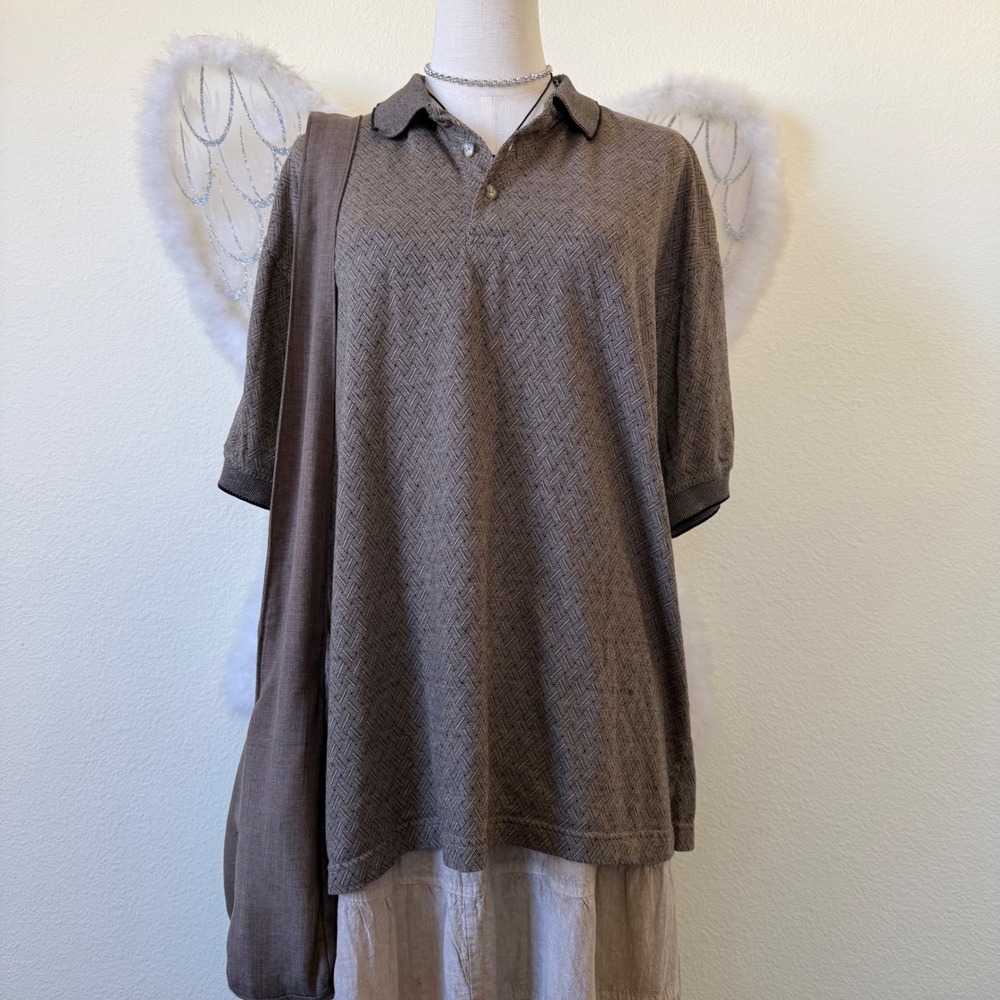 Indie Skater Grunge Polo Shirt Checker Plaid Short Sleeve Dad Brown Tan Funky‎